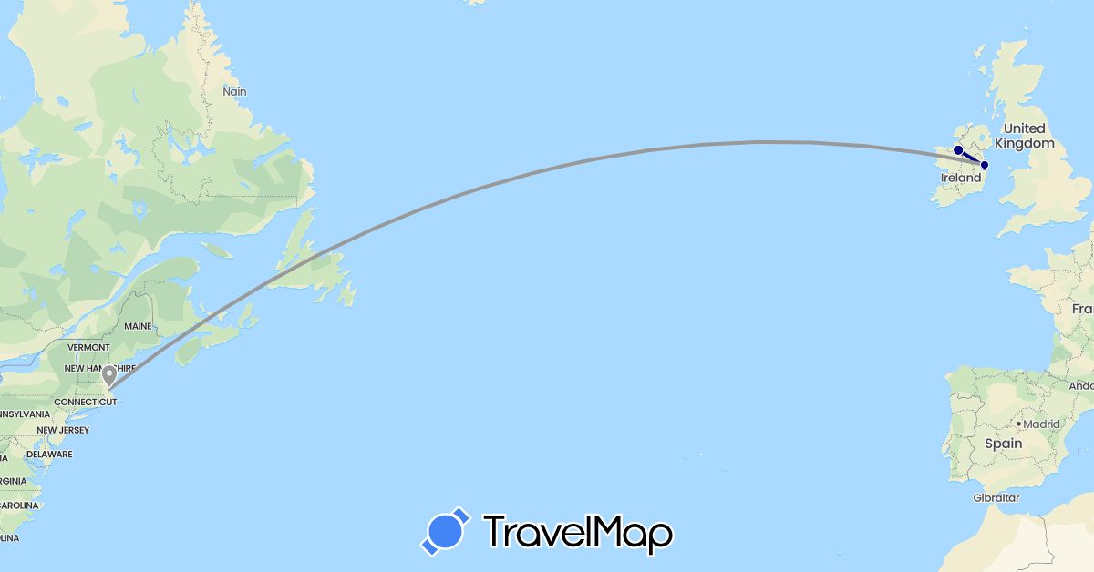 TravelMap itinerary: driving, plane, train in Ireland, United States (Europe, North America)